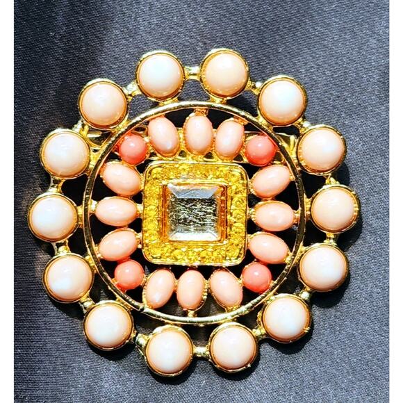 Unsigned Jewelry - Vintage 1950s Pastel Cabochon Rhinestone Brooch Gold Tone Filigree Floral Pin
